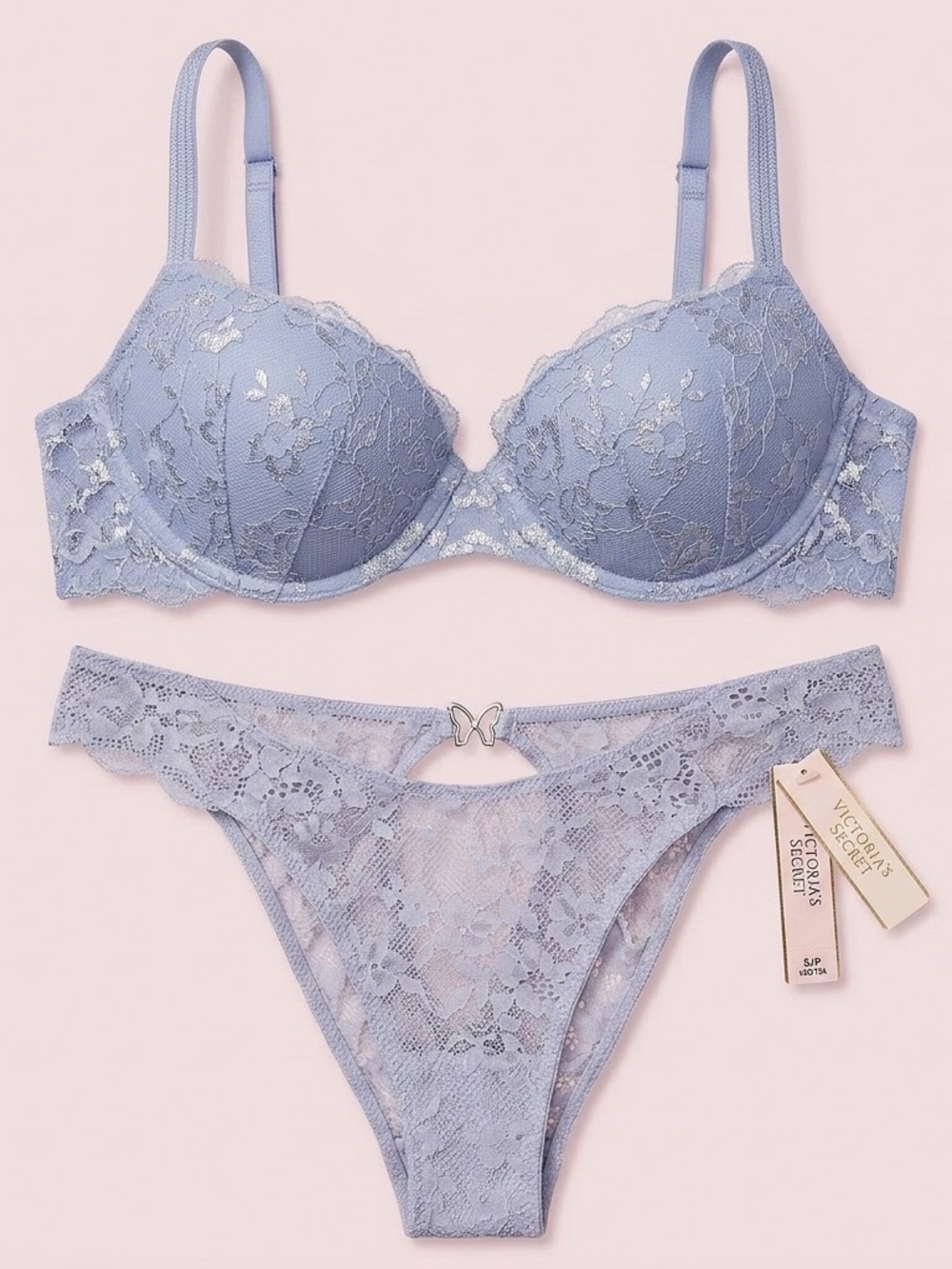 NWT Victoria's Secret Pastel Cloudy Blue Lace Push-Up Bra & Butterfly Panty Set